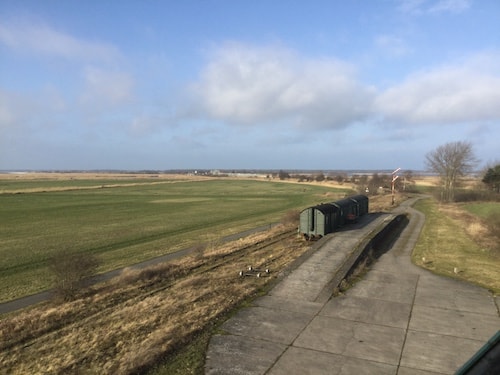 Ausblick zu Waggons und zum Bodden